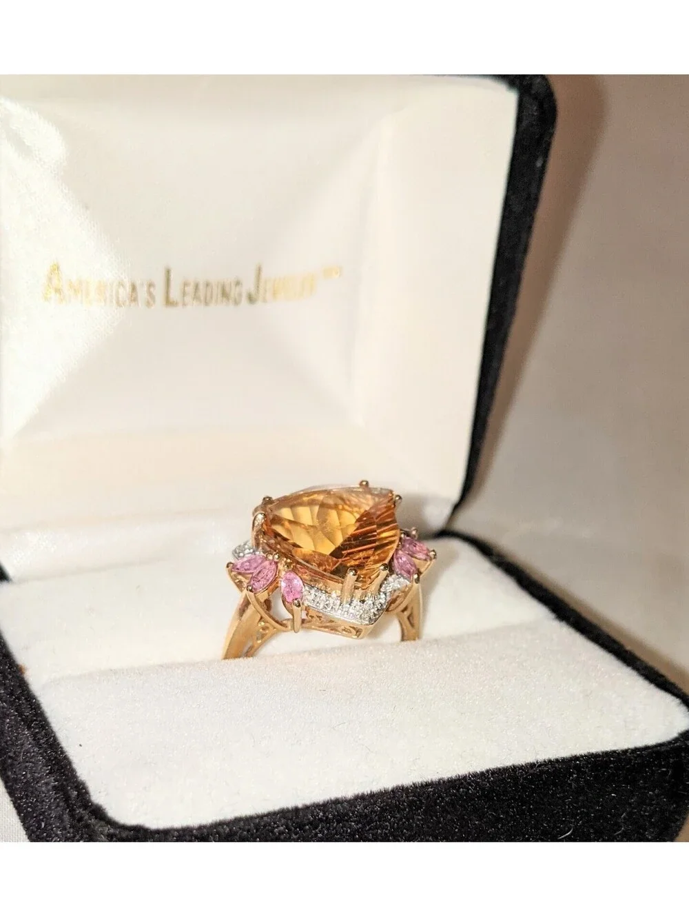 VTG Trillion Cut Citrine And Pink Tourmaline Fancy 10K Gold Cocktail Ring Size 8